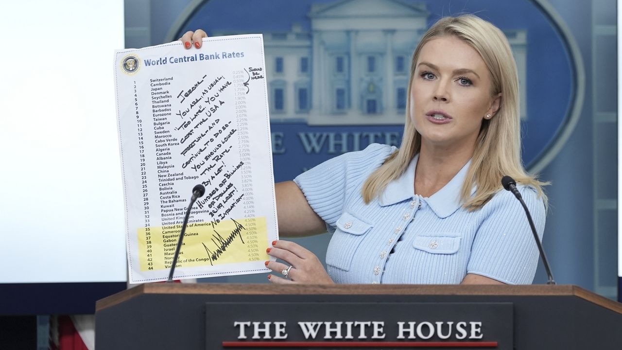 White House press secretary Karoline Leavitt holds up a note from President Donald Trump to Federal Reserve Chairman Jerome Powell written on a list of central bank rates worldwide, as she speaks with reporters in the James Brady Press Briefing Room at the White House, Monday, June 30, 2025, in Washington. (AP Photo/Alex Brandon)