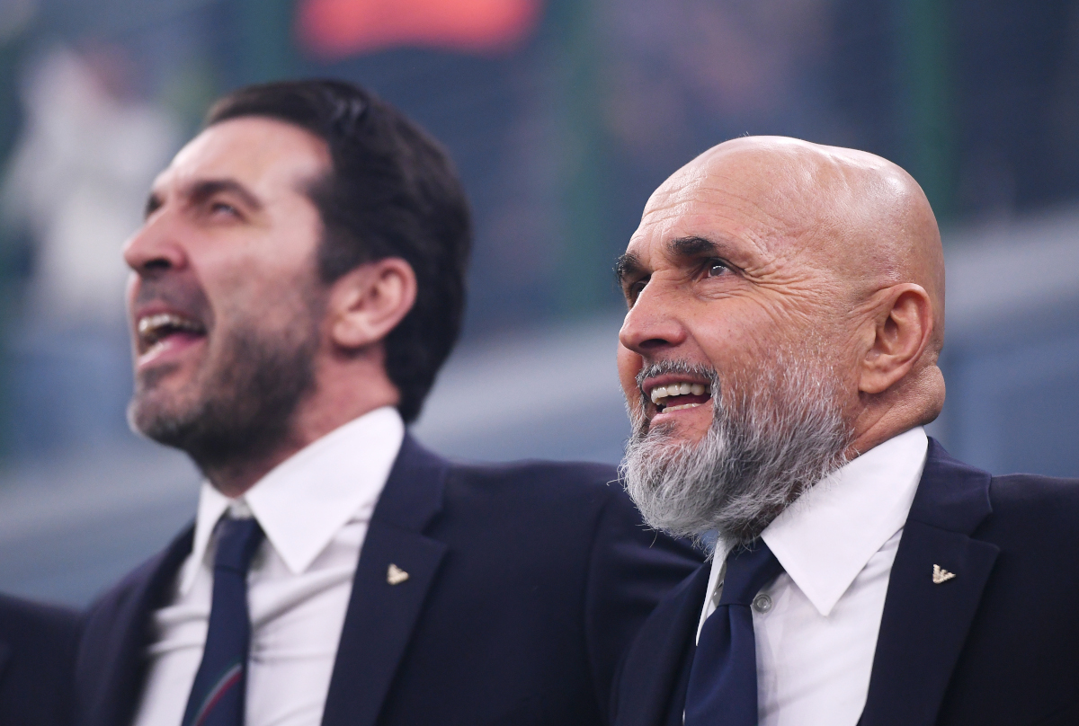 MILAN, ITALY - MARCH 20: Luciano Spalletti, Head Coach of Italy, sings the national anthem prior to the UEFA Nations League quarterfinal leg one match between Italy and Germany at Stadio San Siro on March 20, 2025 in Milan, Italy. (Photo by Alessandro Sabattini/Getty Images)