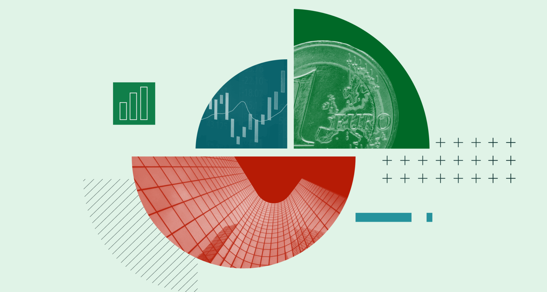 Ilustraci&oacute;n en forma de collage con una imagen europea, un cuadro con una tendencia positiva en el mercado y un regalo para los trabajadores.