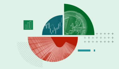 Ilustraci&oacute;n en forma de collage con una imagen europea, un cuadro con una tendencia positiva en el mercado y un regalo para los trabajadores.