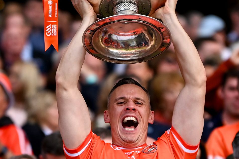 Mark Shields of Armagh lifts the Sam Maguire Cup after the GAA Football All-Ireland Senior Championship Final win over Galway at Croke Park in Dublin. Photo by Ramsey Cardy/Sportsfile