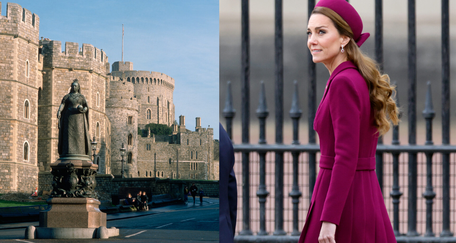 A photo of the exterior of Windsor Castle and one of Kate Middleton wearing a berry colored coat and hat