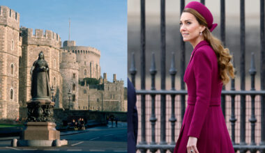 A photo of the exterior of Windsor Castle and one of Kate Middleton wearing a berry colored coat and hat