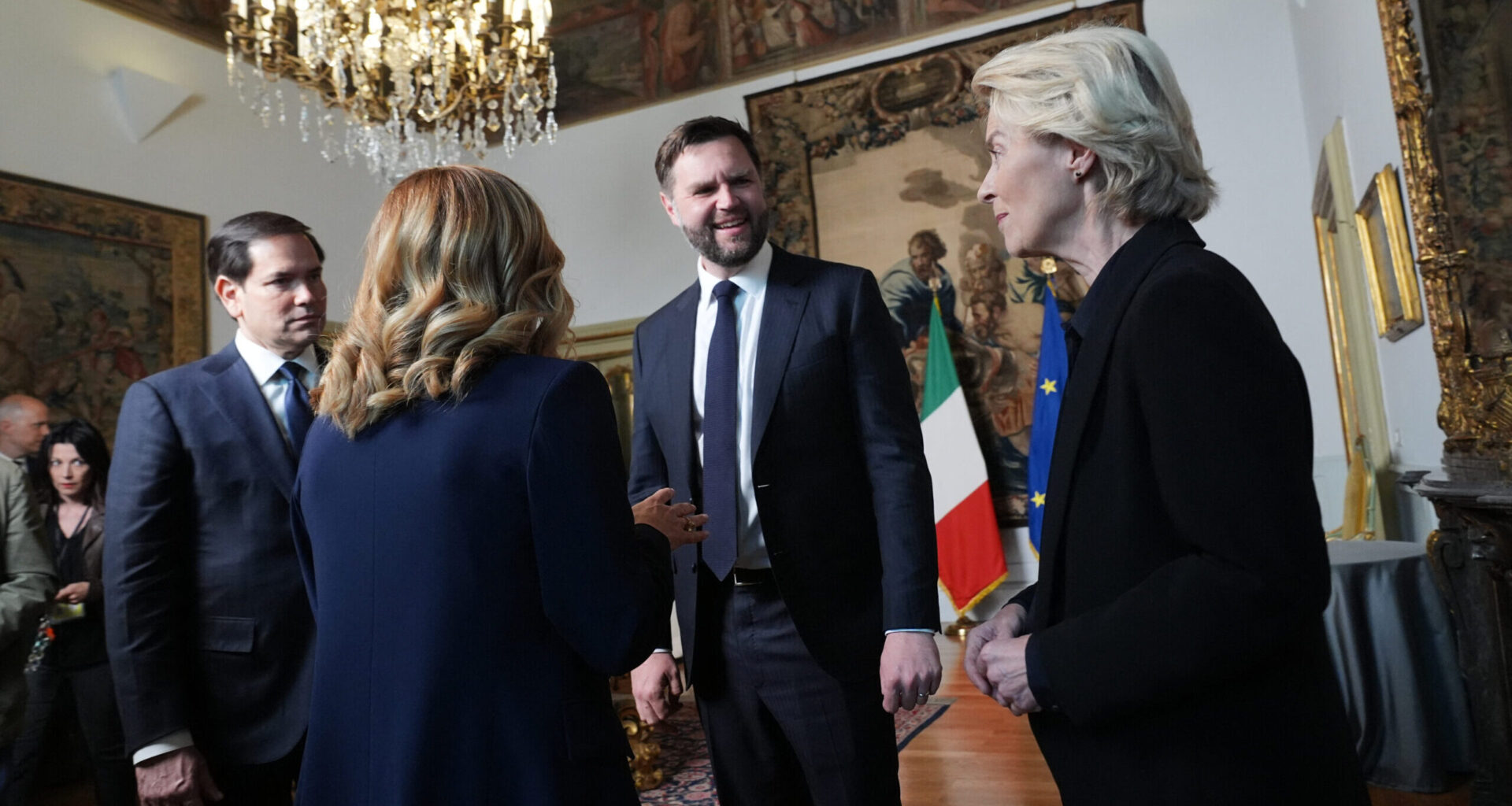 U.S. Secretary of State Marco Rubio (L), Vice President JD Vance (C), Italy’s Prime Minister Giorgia Meloni and European Commission President Ursula von der Leyen (R) meet at the Chigi Palace in Rome, on May 18, 2025.