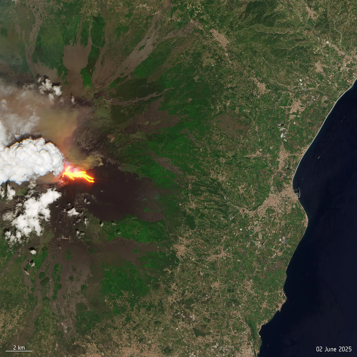 A view of Mount Etna erupting on 2 June 2025 from space, captured by the Copernicus Sentinel-2 mission. Image contains modified Copernicus Sentinel data (2025), processed by ESA.
