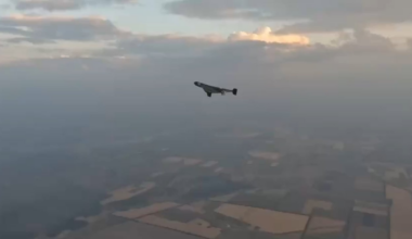 A Ukrainian Air Force Mi-24 helicopter crew films a Russian kamikaze drone and shoots it down