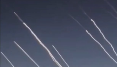 Iranian ballistic missile launches toward Israel filmed from a plane over Saudi Arabia (June 16, 2025)