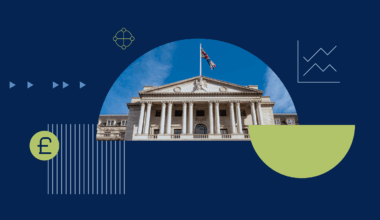 Collage illustration of the Bank of England with background shapes and icons