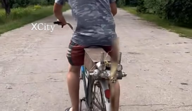 Bicycle equipped with the engine from a downed Russian drone