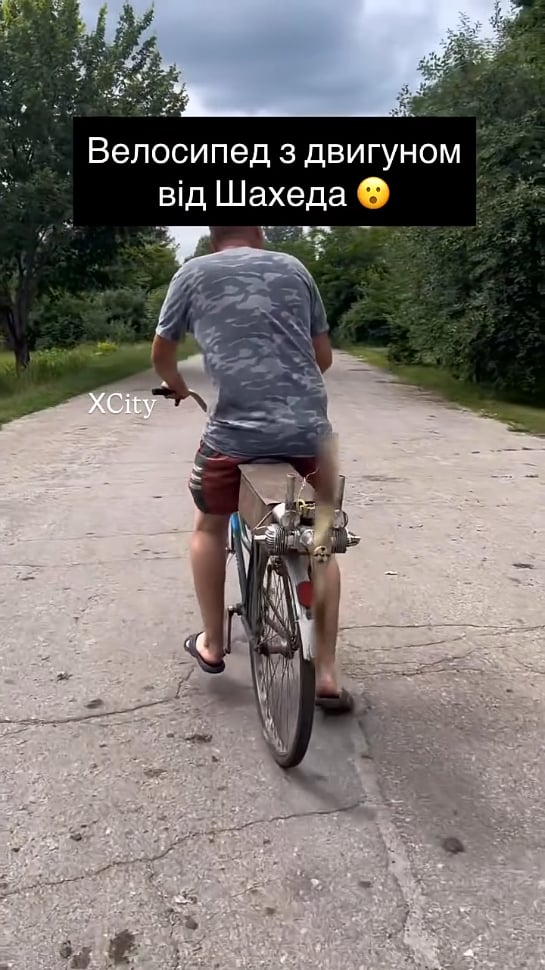 Bicycle equipped with the engine from a downed Russian drone