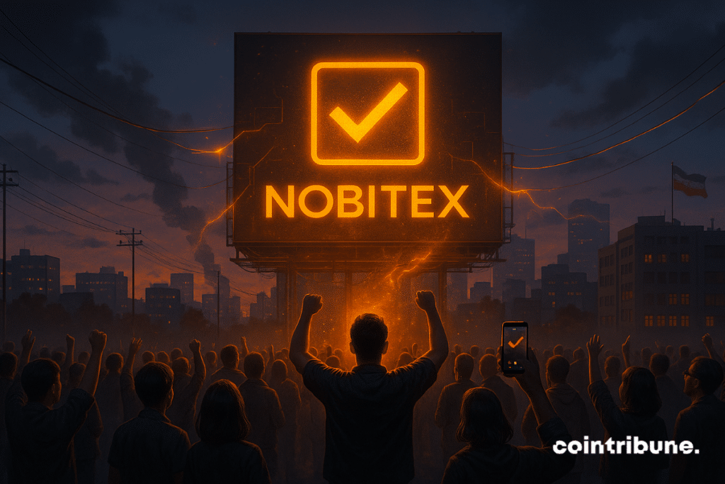 Crowd cheering in front of a glowing Nobitex billboard.