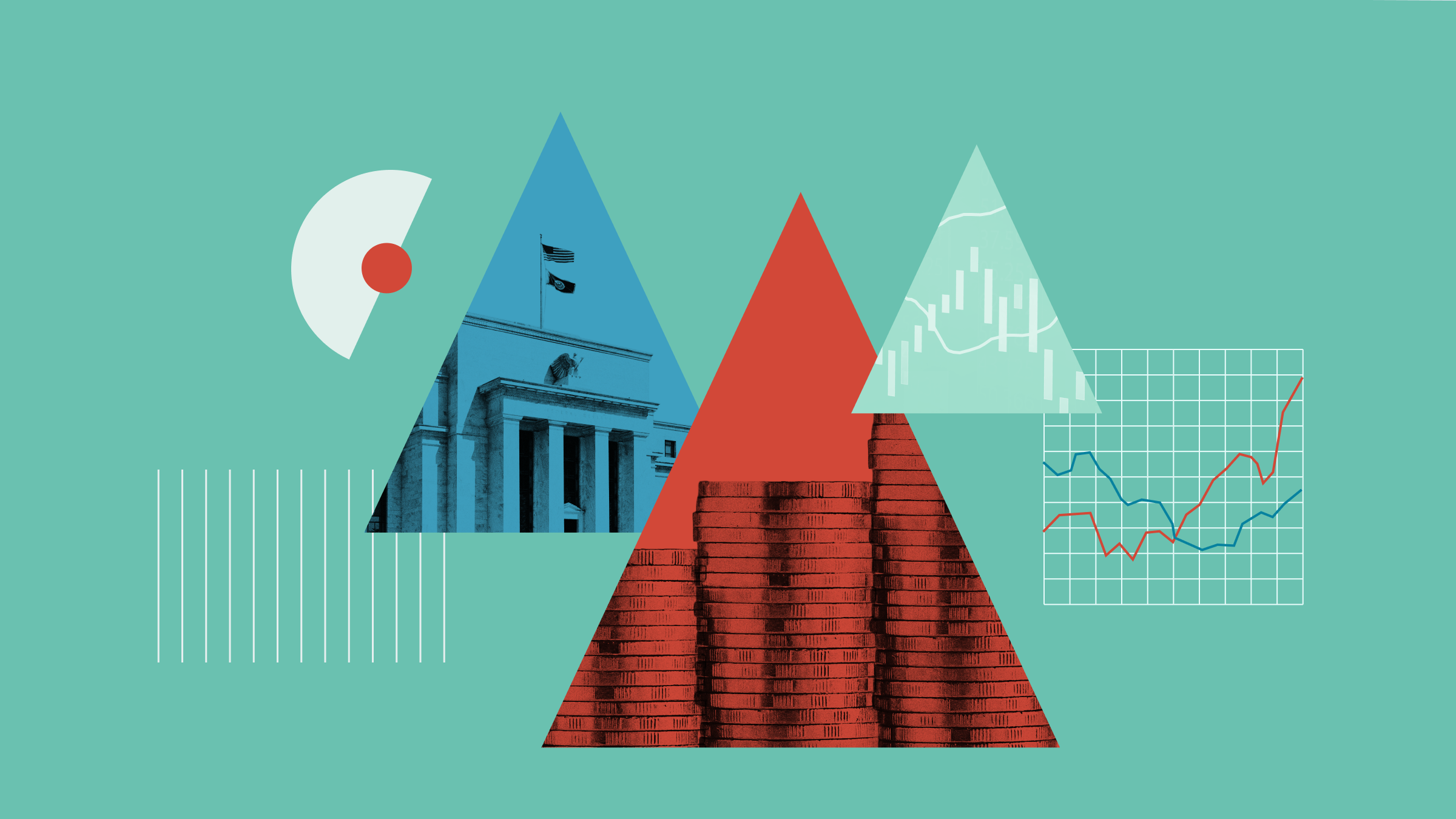 Collage illustration of three upward-pointing triangles, featuring the Federal Reserve building, stacked coins, and a whisker graph.