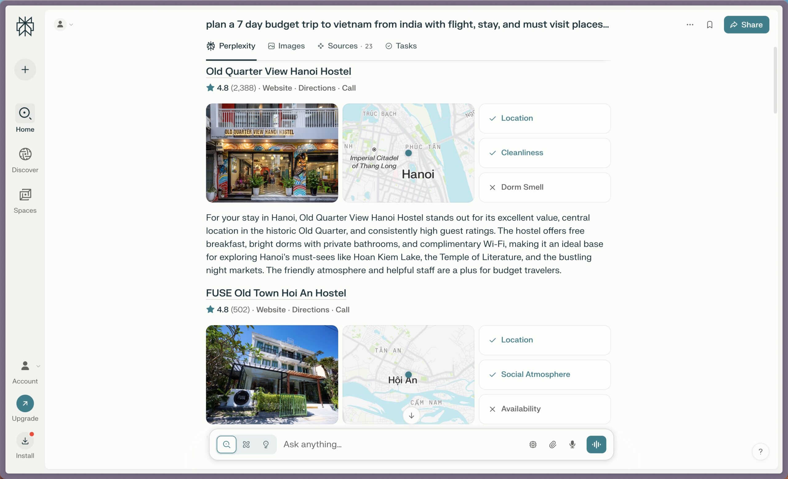 Perplexity desktop search with images Perplexity on desktop showing rich search results with images, map locations, and reviews