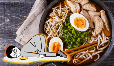 Cartoon of a man lying on the ground in despair in front of a bowl of ramen