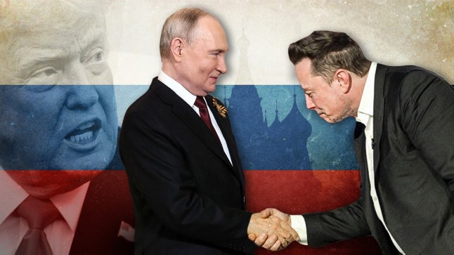 Note: This image is a fictional depiction of Musk shaking hands and bowing to Putin