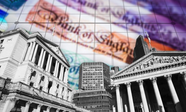 A colourful combination image with the Bank of England building and pound note money.