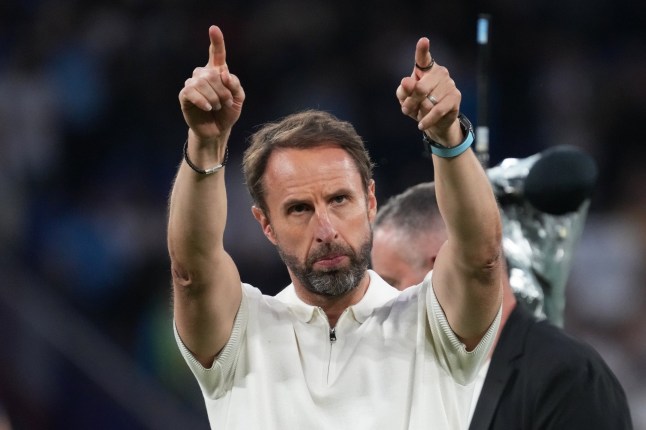 GELSENKIRCHEN, GERMANY - JUNE 30: England head coach Gareth Southgate celebrates the victory after the UEFA EURO 2024 round of 16 match between England and Slovakia at Arena AufSchalke on June 30, 2024 in Gelsenkirchen, Germany. (Photo by Etsuo Hara/Getty Images)
