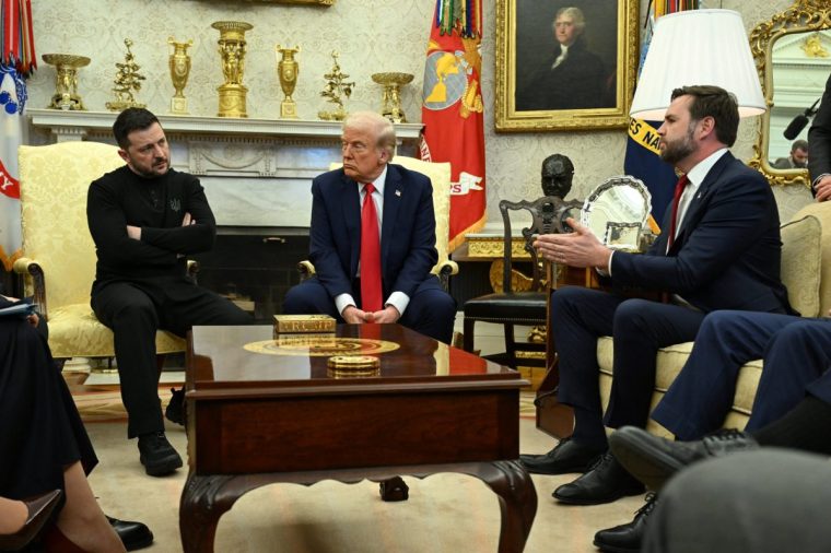 (FILES) US President Donald Trump and Ukraine's President Volodymyr Zelensky listen to Vice President JD Vance (R) as they meet in the Oval Office of the White House in Washington, DC, February 28, 2025. Since his return to the White House, President Donald Trump has turned US foreign policy upside down, sent shock waves through the financial markets and turned the Oval Office into one "happening" after another. (Photo by SAUL LOEB / AFP) (Photo by SAUL LOEB/AFP via Getty Images)