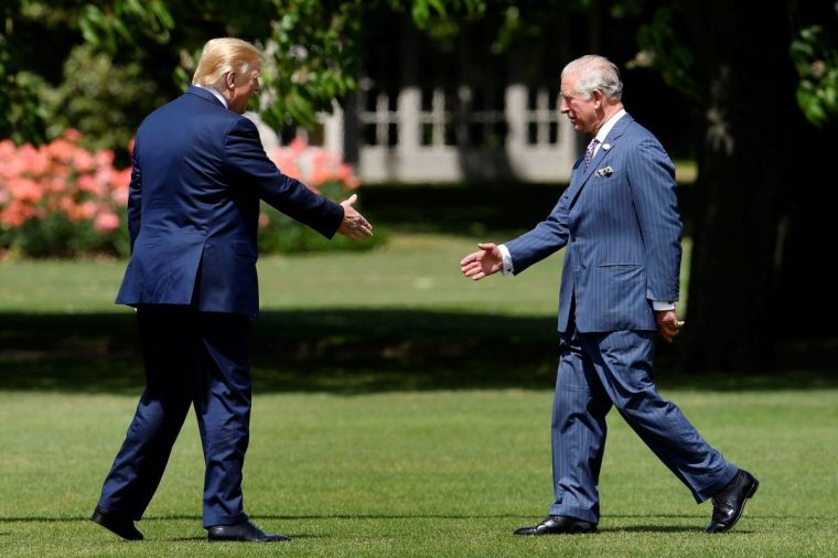 LONDON, ENGLAND - JUNE 03: U.S. President Donald Trump is greeted by Prince Charles, Prince of Wales on his arrival at Buckingham Palace on Marine One on June 3, 2019 in London, England. President Trump's three-day state visit will include lunch with the Queen, and a State Banquet at Buckingham Palace, as well as business meetings with the Prime Minister and the Duke of York, before travelling to Portsmouth to mark the 75th anniversary of the D-Day landings. (Photo by Toby Melville - WPA Pool/Getty Images)