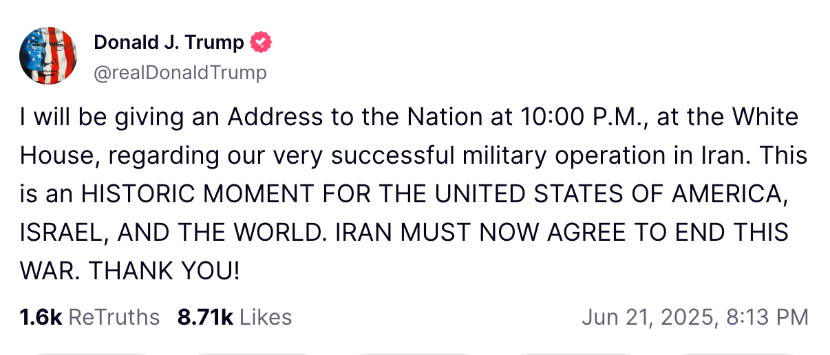 President Donald Trump said he will address the nation at 10 p.m. in a post on Truth Social