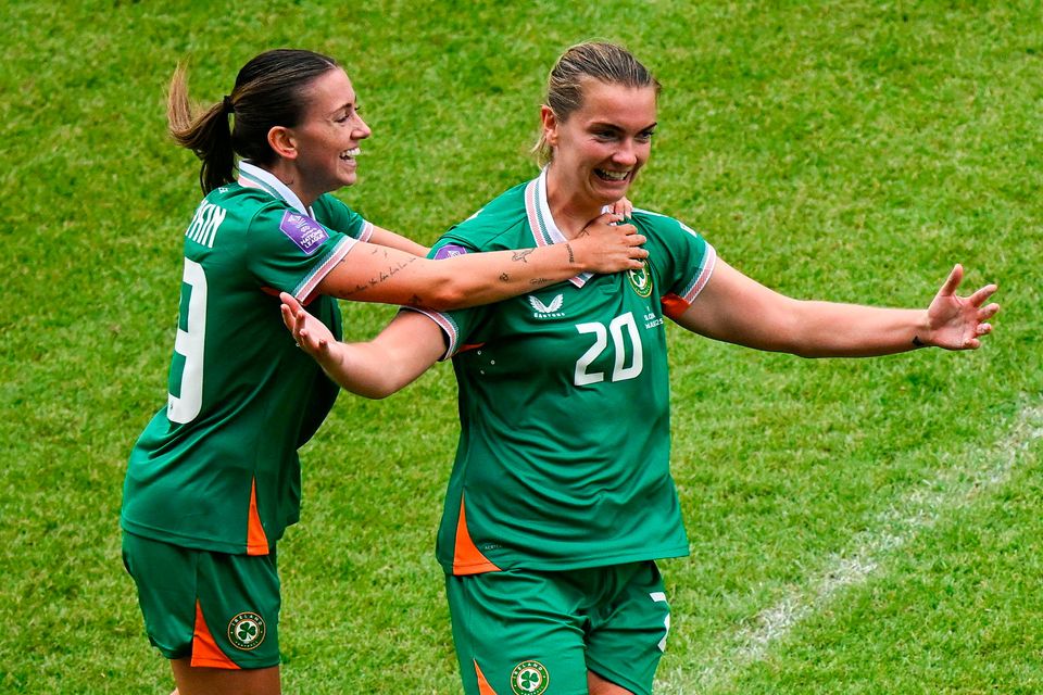 Ireland's Saoirse Noonan, right, celebrates with teammate Abbie Larkin, after scoring during the Women's Nations League B win over Slovenia at Páirc Uí Chaoimh in Cork. Photo:  Shauna Clinton/Sportsfile