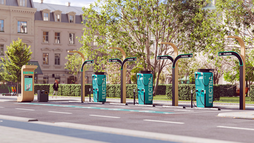 Laden am Straßenrand 
Electra will sich auch in Deutschland auf das schnelle Laden des Elektroautos in der Stadt fokussieren. Dafür wurde ein spezielles Designkonzept entwickelt, das die Sichtbarkeit der Anlage durch Lichtsäulen erhöht - ohne das Stadtbild zu stören. 
