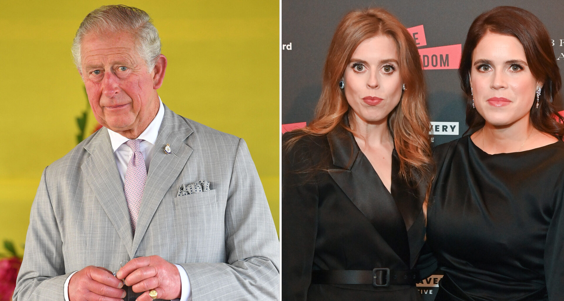 King Charles wears a gray suit and looks pensive, Princess Beatrice and Princess Eugenie pose on the red carpet