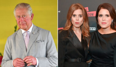 King Charles wears a gray suit and looks pensive, Princess Beatrice and Princess Eugenie pose on the red carpet
