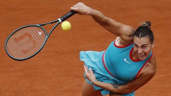 Belarus' Aryna Sabalenka in action during the women's singles final against Coco Gauff of the U.S. (REUTERS)
