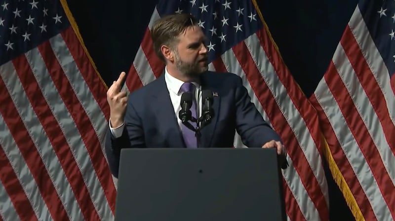 JD Vance waves his finger at GOP dinner in Ohio.