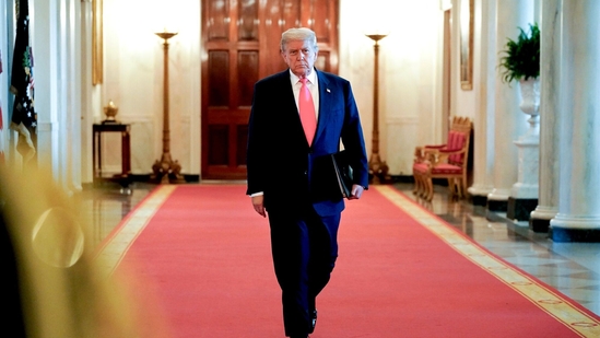 US President Donald Trump arrives to speak in the East Room of the White House in Washington, DC, US, on Thursday, June 26, 2025.(Bloomberg)