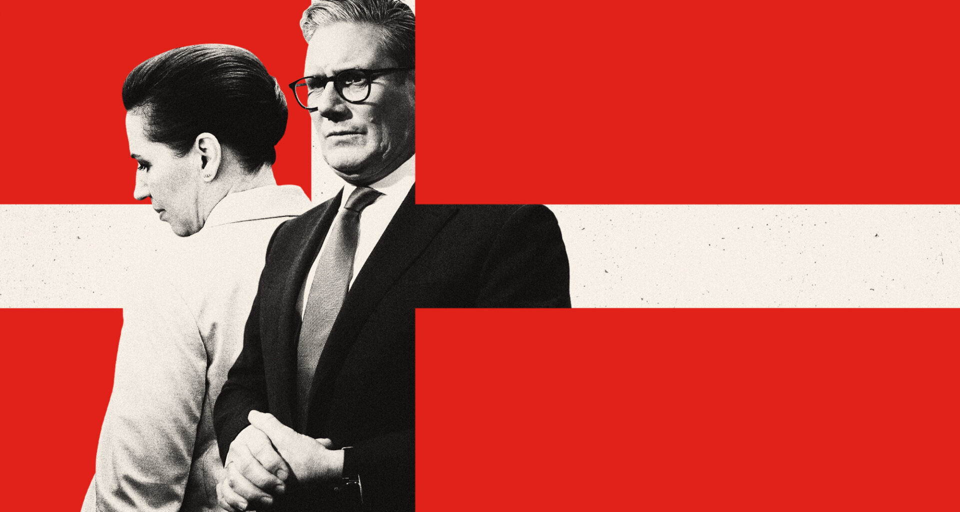 Photo illustration of Keir Starmer, Mette Frederiksen and a Danish flag