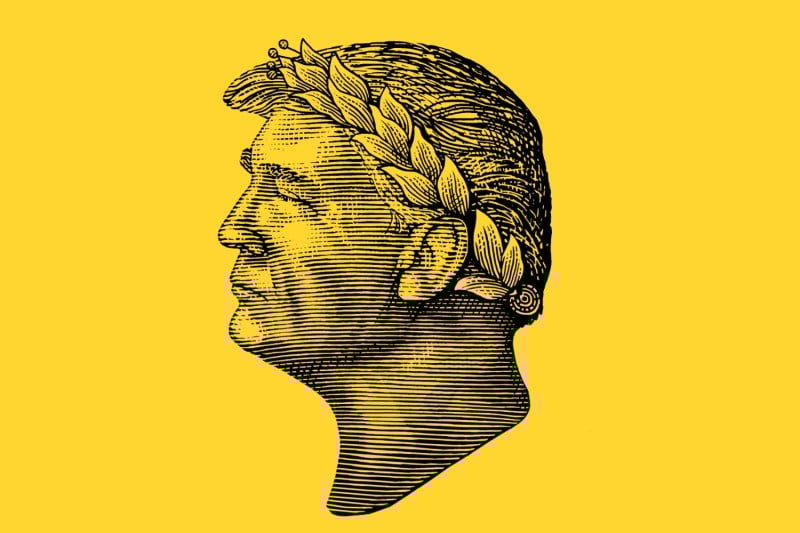 An woodcut style illustration depicts Donald Trump as Julius Caesar