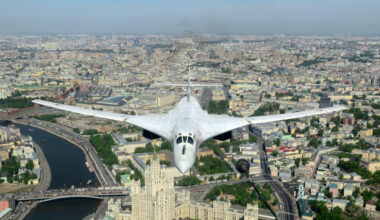 A Russian Tu-160 bomber flies over Moscow.