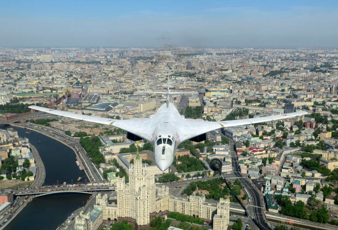 A Russian Tu-160 bomber flies over Moscow.