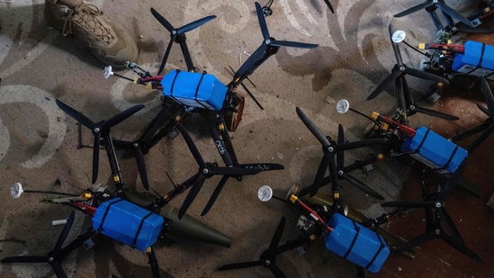 FPV drones equipped with explosive devices in a shelter at an undisclosed location near Kostyantynivka.(AFP File )