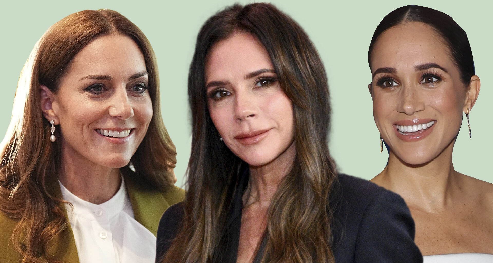 Composite of a picture of Kate Middleton wearing a Victoria Beckham suit, a picture of Victoria Beckham herself and a picture of Meghan Markle