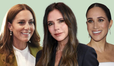 Composite of a picture of Kate Middleton wearing a Victoria Beckham suit, a picture of Victoria Beckham herself and a picture of Meghan Markle