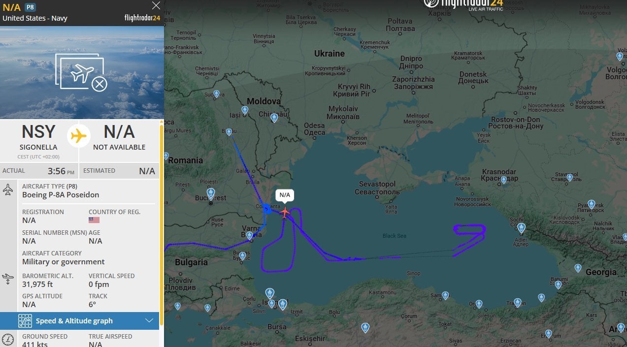 In recent months, the US has stepped up flying manned reconnaissance missions near the Russian Black Sea coast. 

Right now, a US Navy P-8A Poseidon MPA is completing a flight that had it loitering near the Russian Black Sea Fleet's homeport in Novorossiysk.