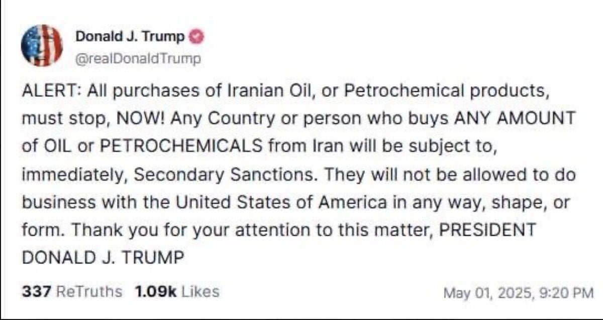 On May 1, 2025, Trump threatened countries with "secondary sanctions" & refusal to conduct business with the US, if anybody purchased Iranian oil. Less than two months later, on June 24, 2025, Trump said it's okay to purchase Iranian oil. Why is Trump promoting Iranian oil sales?