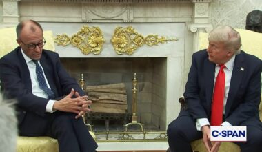 Friedrich Merz says to trump "we should end this war." The expression on trump's face is "ya whatever." trump also laughs when Merz brings up June 6, D-Day, and says "it wasn't a pleasant day for you" b/c Merz is German.  trump thinks all Germans supported Hitler. There was a German resistance.