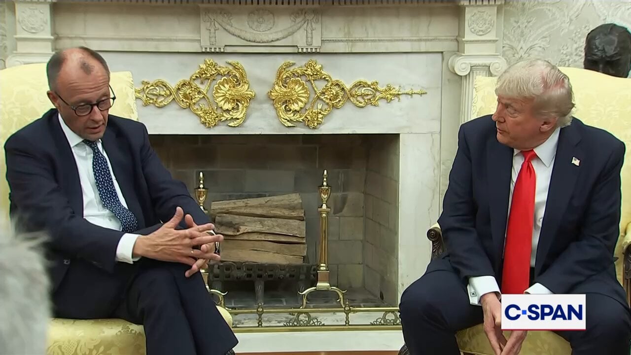 Friedrich Merz says to trump "we should end this war." The expression on trump's face is "ya whatever." trump also laughs when Merz brings up June 6, D-Day, and says "it wasn't a pleasant day for you" b/c Merz is German.  trump thinks all Germans supported Hitler. There was a German resistance.