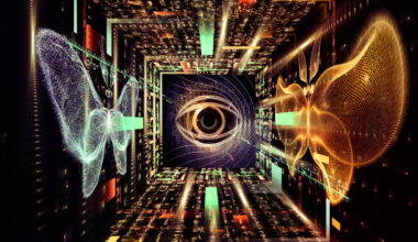 3D illustration of Symbol of an eye , butterflies and mathematical formulas on the subject of AI hallucinations.