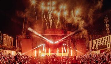 Fireworks going off behind the main stage at Wildlands over NYE in Brisbane photo by Jordan Munns