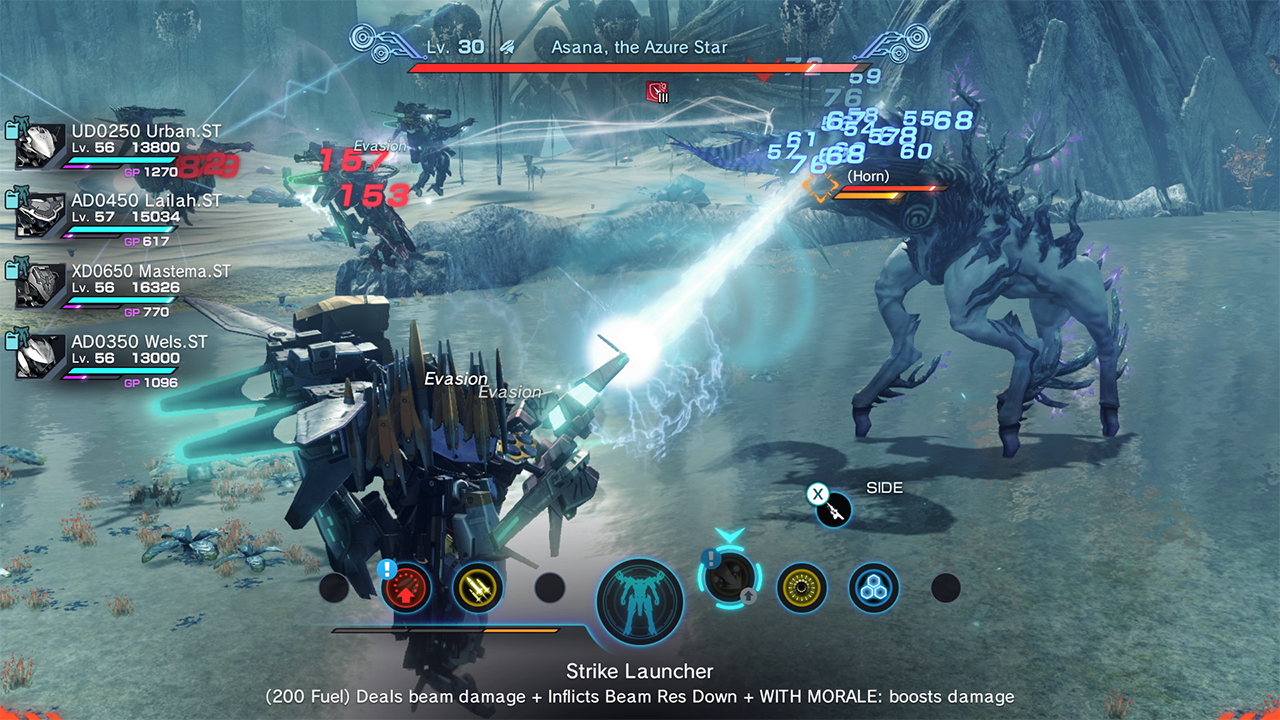Still from the video game Xenoblade Chronicles X: Definitive Edition. A heavily armored mech is fighting against a horse-like alien creature.