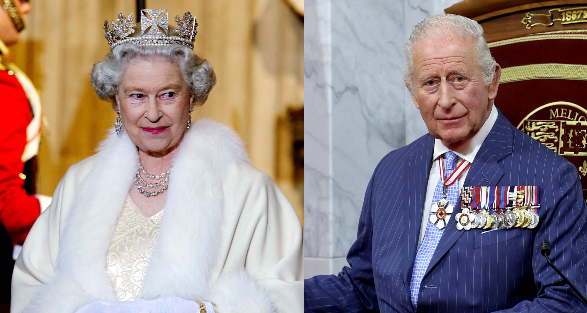 Queen Elizabeth wearing a fur wrap and crown and King Charles sitting on a throne in a blue suit