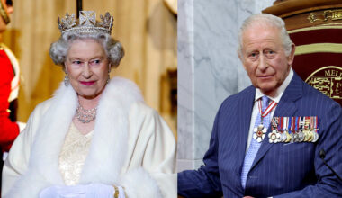 Queen Elizabeth wearing a fur wrap and crown and King Charles sitting on a throne in a blue suit