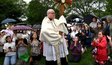 Archbishop Richard G. Henning led a prayer service in Piers Park in East Boston last Sunday as part of a Corpus Christi procession.