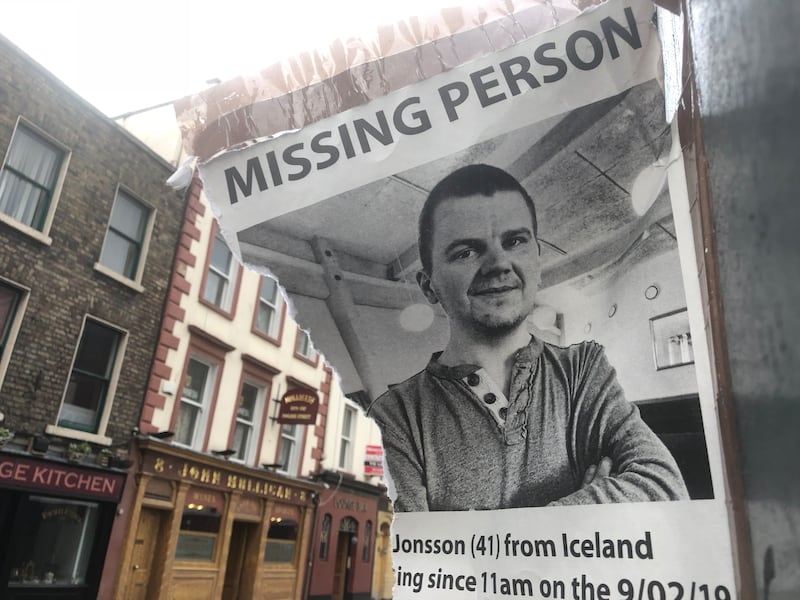 A missing person poster in Dublin of Jon Jónsson who vanished in Dublin in 2019 after coming to play poker. Photograph: Brenda Fitzsimons/ The Irish Times
