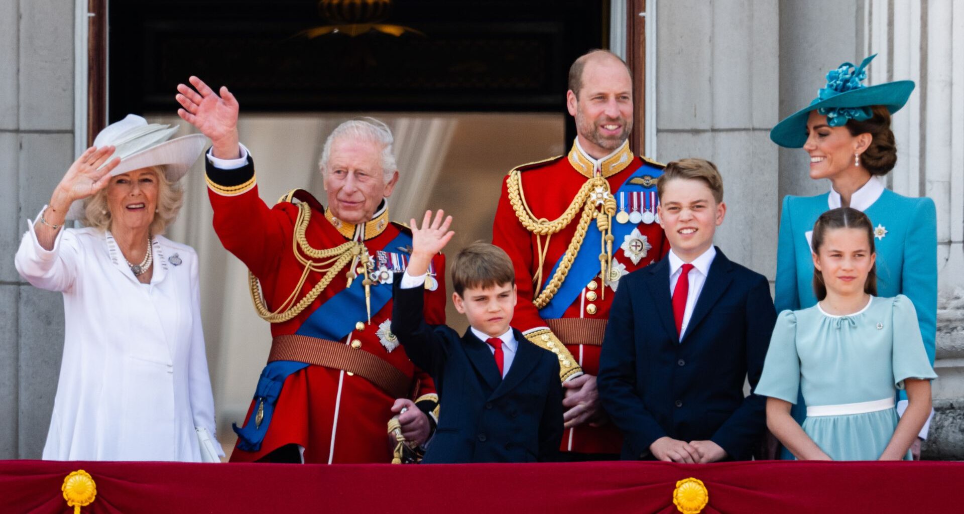 Queen Camilla, King Charles, Prince William, Kate Middleton, Prince Louis, Prince George and Princess Charlotte at Trooping the Colour